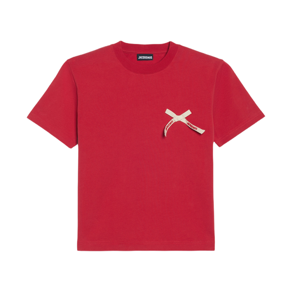 (W) 자크뮈스 르 티셔츠 노드 그로그랭 로고 크롭 티셔츠 레드((W) Jacquemus Le T-Shirt Noeud Grosgrain Logo Cropped T-Shirt Red)