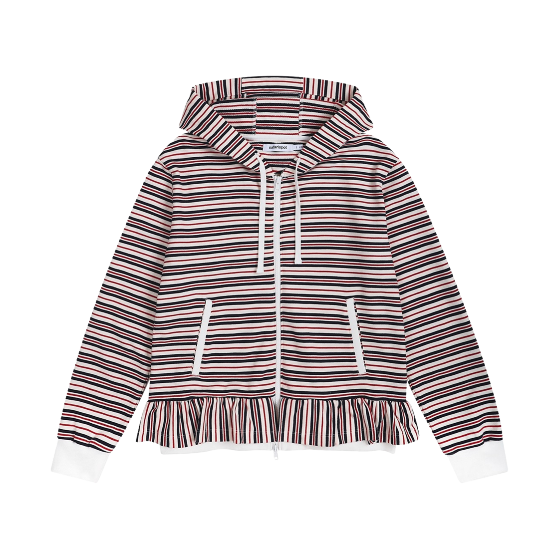 사파리스팟 레귤러 스트라이프 프릴 후디 집업 - 레드/네이비(Safarispot Regular Stripe Frill Hood Zip-Up - Red/Navy)