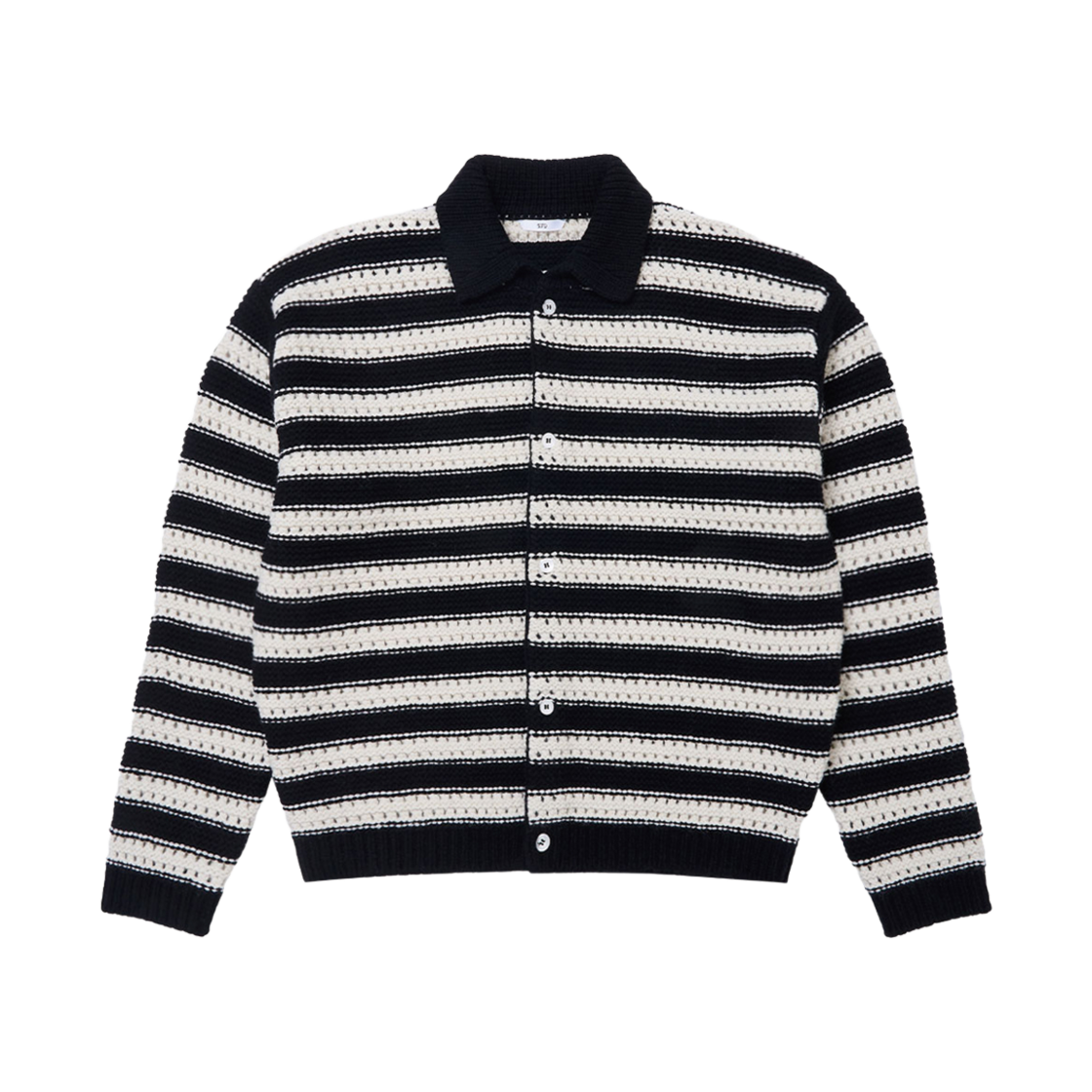 에스티유 울 카라 스트라이프 가디건 블랙