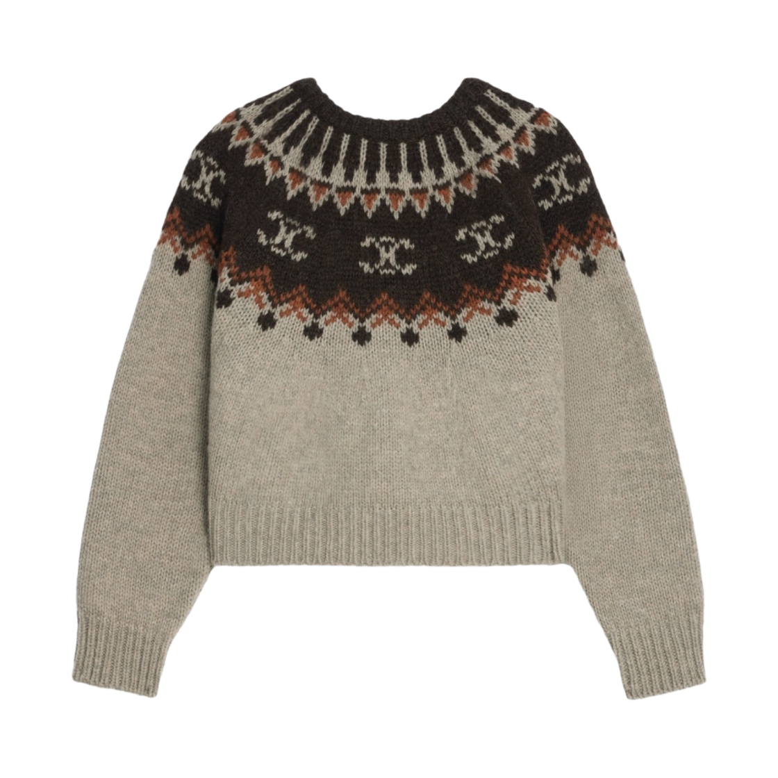 2AD6W874P-08GR Celine Crew Neck Sweater in Triomphe Fair Isle Wool Grey Brown
