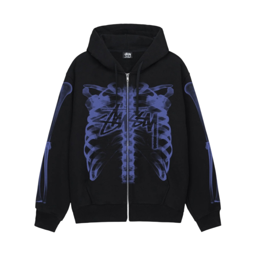 ★韓国の人気★【Stussy】★Rib Cage Zip Hoodie Black White★ ☆関税込☆Stussy☆Rib Cage Zip Hoodie Black White☆ (STUSSY