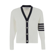 Thom Browne Cotton 4-Bar V-Neck Cable Cardigan White