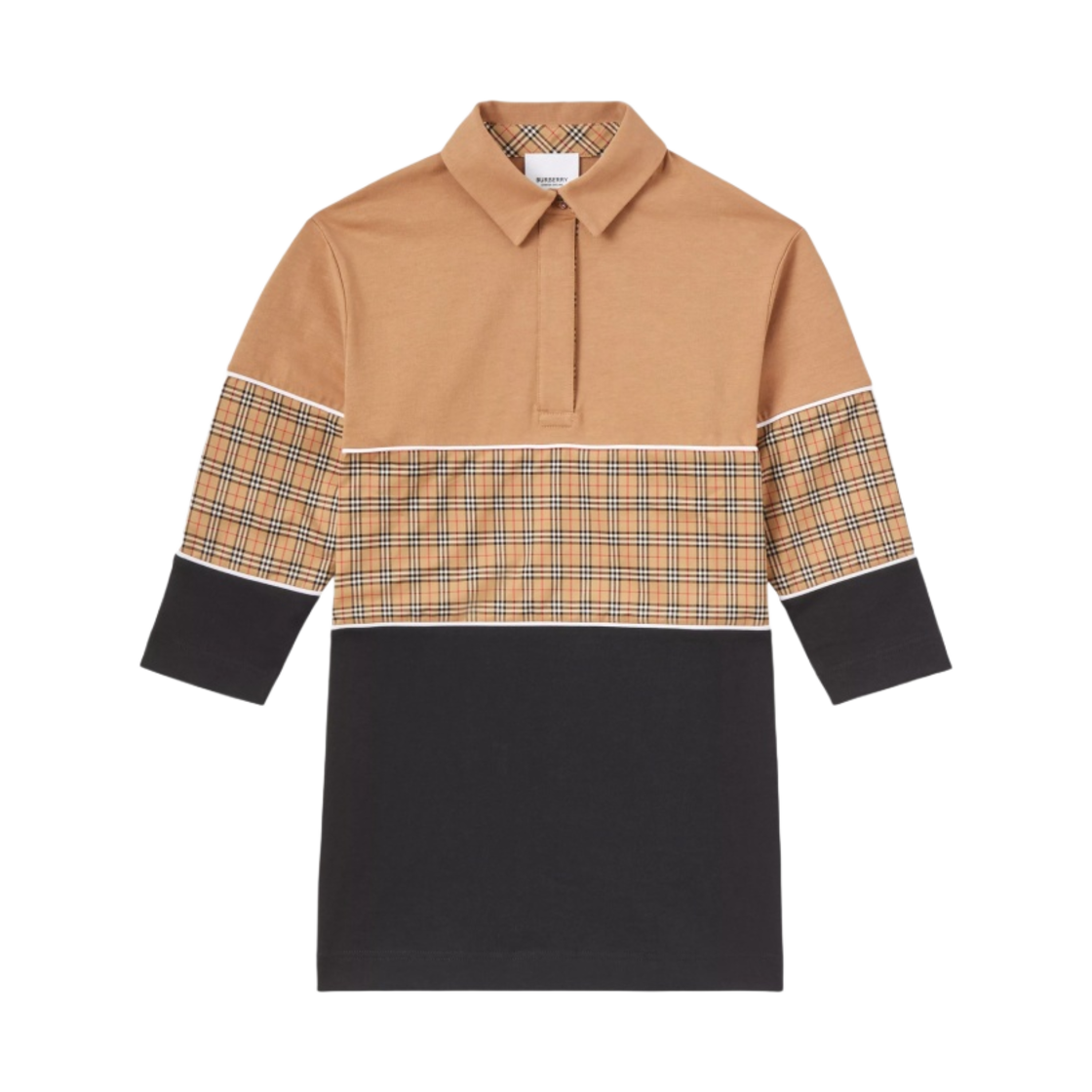 (키즈) 버버리 롱슬리브 체크 패널 코튼 드레스 아카이브 베이지((Kids) Burberry Long Sleeve Check Panel Cotton Dress Archive Beige) - 1