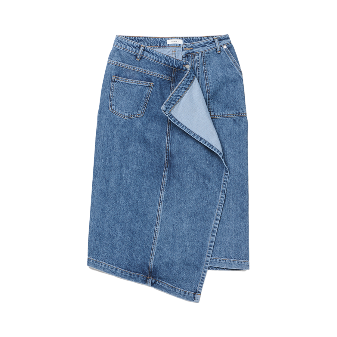 고엔제이 어시메트릭 드레이프 다운 워싱 미디 데님 스커트 블루(GOEN.J Asymmetric Draped Down Washed Midi Denim Skirt Blue)