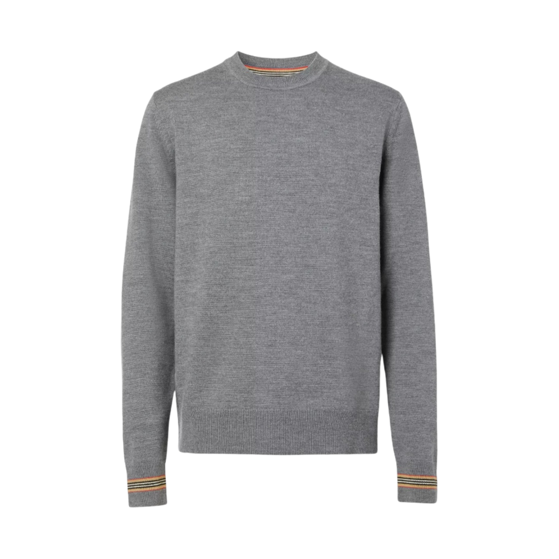버버리 아이콘 스트라이프 트림 울 스웨터 미드 그레이 멜란지(Burberry Icon Stripe Trim Wool Sweater Mid Grey Melange) - 1