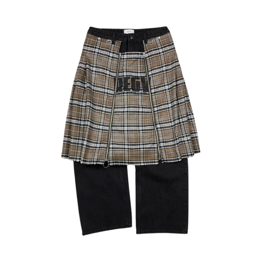 23-B021_BLACK Resurrection13 Check Skirt Docking Denim Pants Black