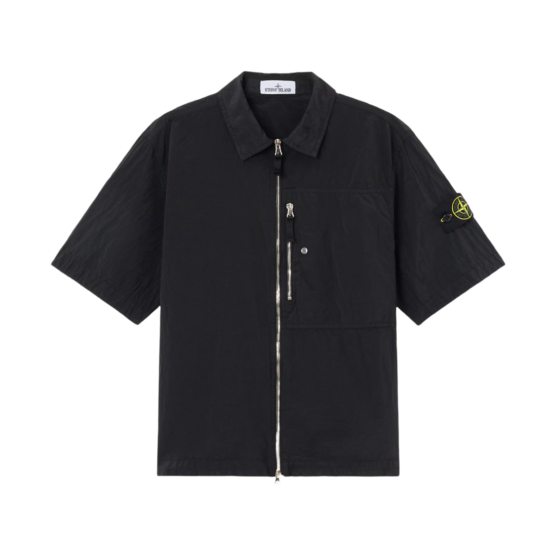 스톤 아일랜드 1200035 나일론 메탈 인 에코닐 레귤러 핏 숏슬리브 셔츠 체스트 포켓 앤 집 블랙 - 25FW