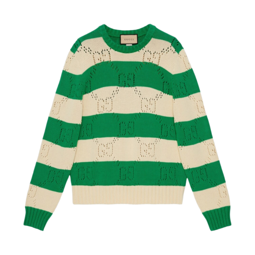 Gucci GG Lace Striped Knit Sweater Green Ivory