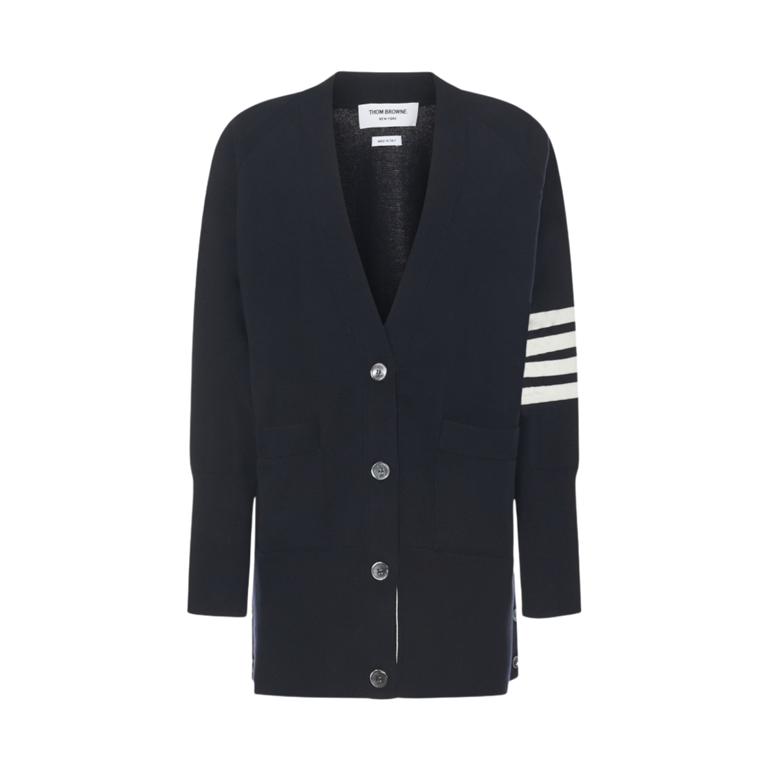 FKC424A-Y3007-415 (W) Thom Browne Jersey Stitch Cotton 4-Bar Exaggerated Fit V-Neck Cardigan Navy - 대표 이미지 #1