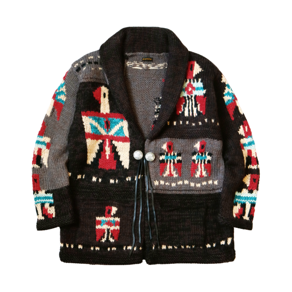 캐피탈 핸드 니티드 산토 도밍고 코위찬 가디건 차콜(Kapital Hand Knitted Santo Domingo Cowichan Cardigan Charcoal) - 1