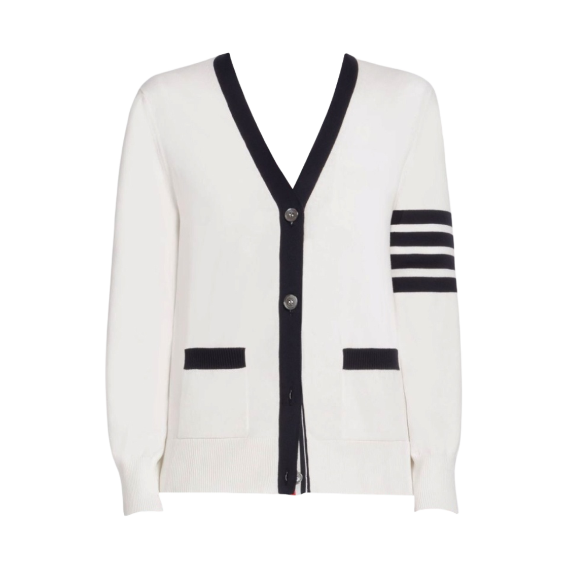 (W) 톰브라운 코튼 헥터 포인텔 사선 브이넥 가디건 화이트((W) Thom Browne Cotton Hector Pointel 4-Bar V-Neck Cardigan White) - 1