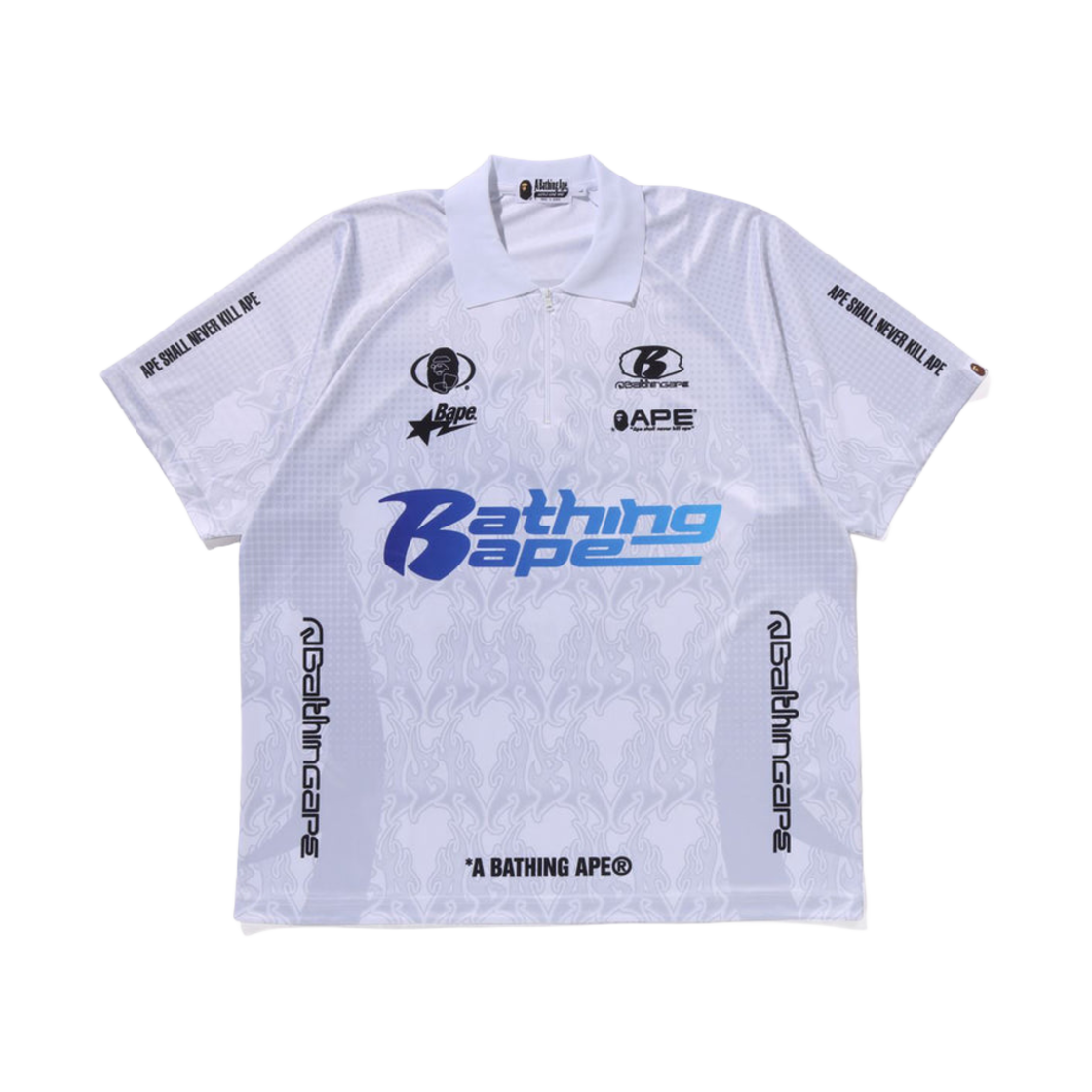 - BAPE Flame Pattern Overall Print Half Zip Relax Fit Polo Shirt White