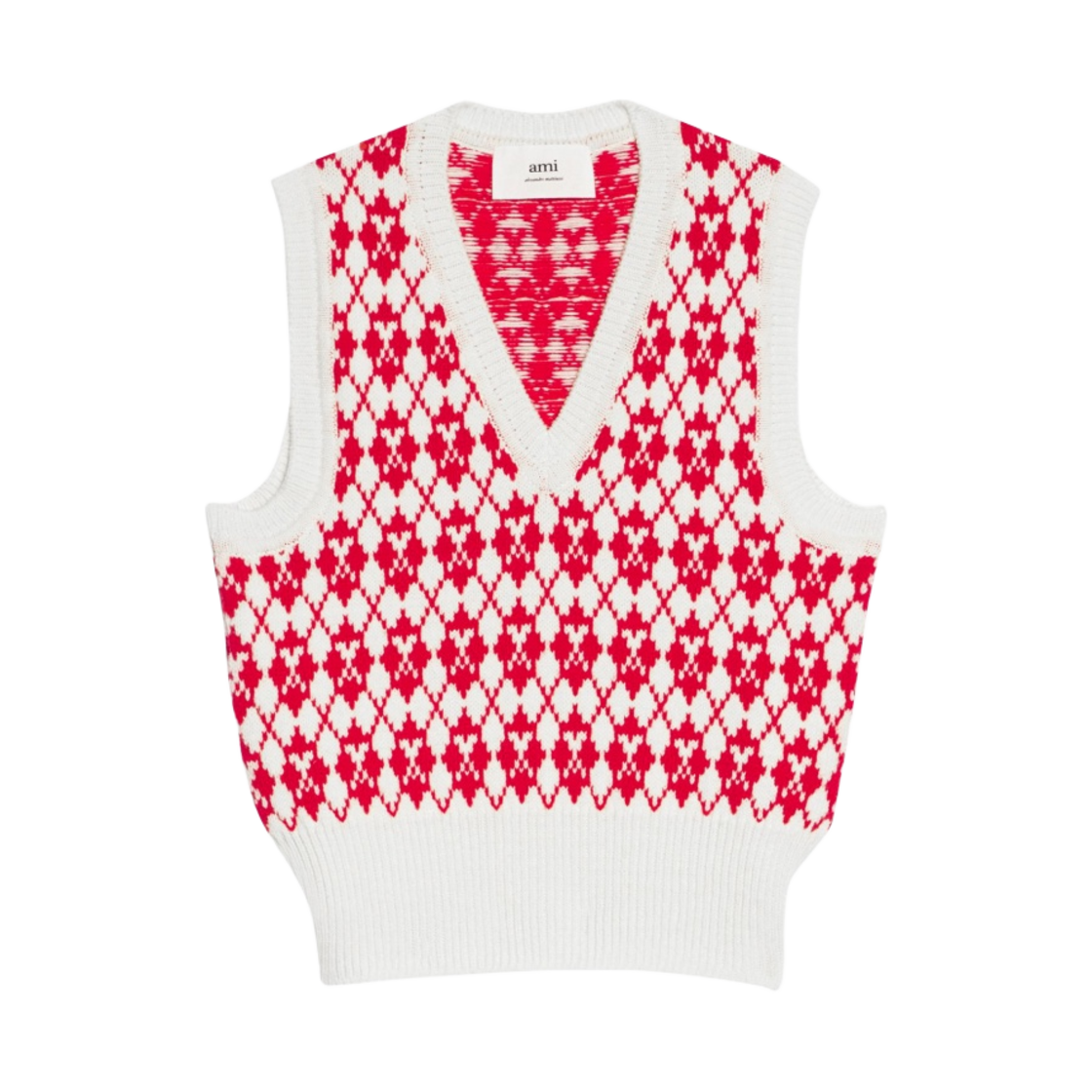 (W) 아미 자카드 브이넥 스웨터 오프 화이트 레드((W) AMI Jacquard V-Neck Sweater Off White Red) - 1