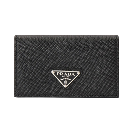 Prada Saffiano Leather Triangle Logo Card Holder Black Silver