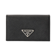Prada Saffiano Leather Triangle Logo Card Holder Black Silver
