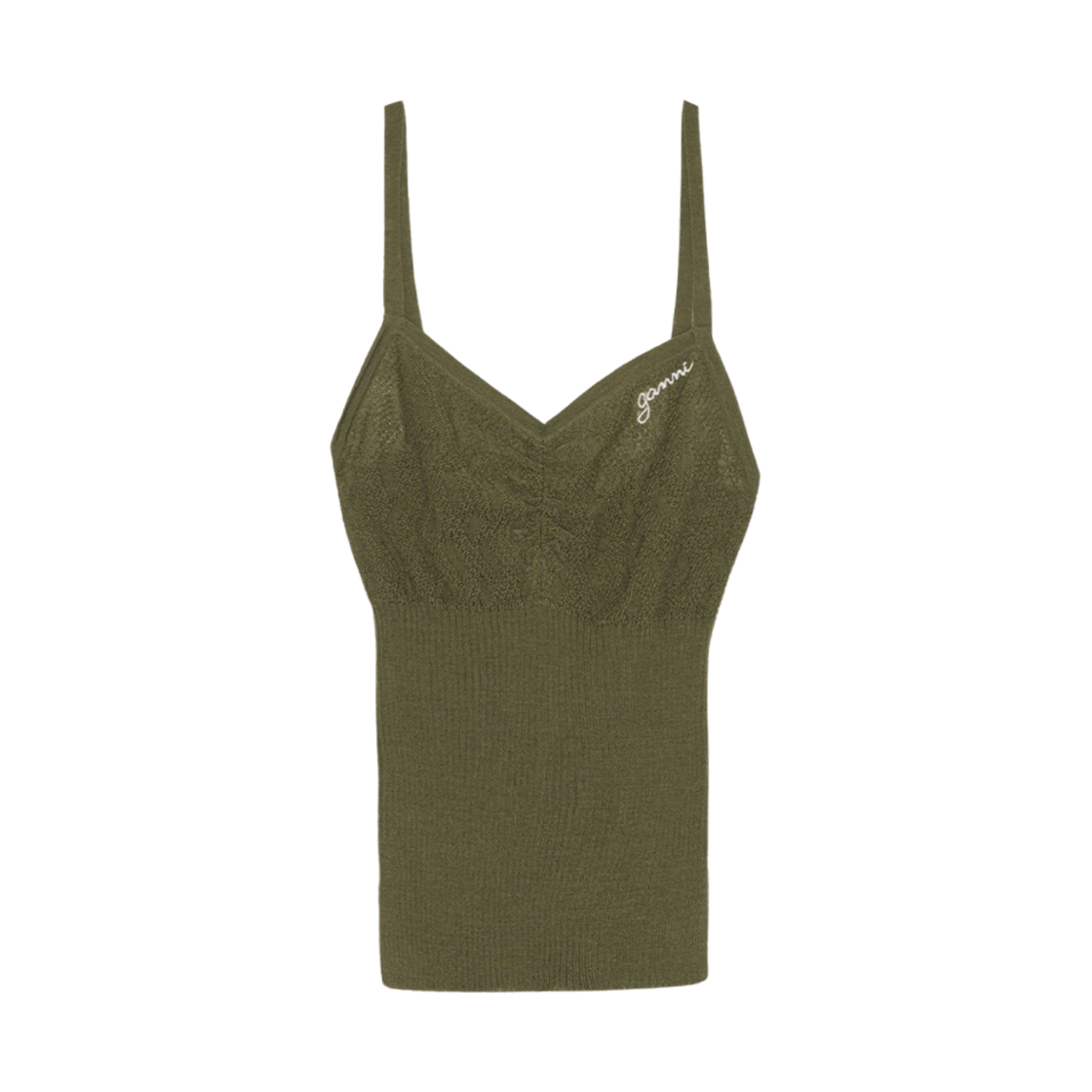 (W) 가니 메리노 레이스 스트랩 탑 더스티 올리브((W) Ganni Merino Lace Strap Top Dusty Olive) - 1
