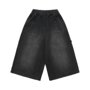 SLOW RECORD HOUSE Carpenter Bermuda Wide Denim Pants Black