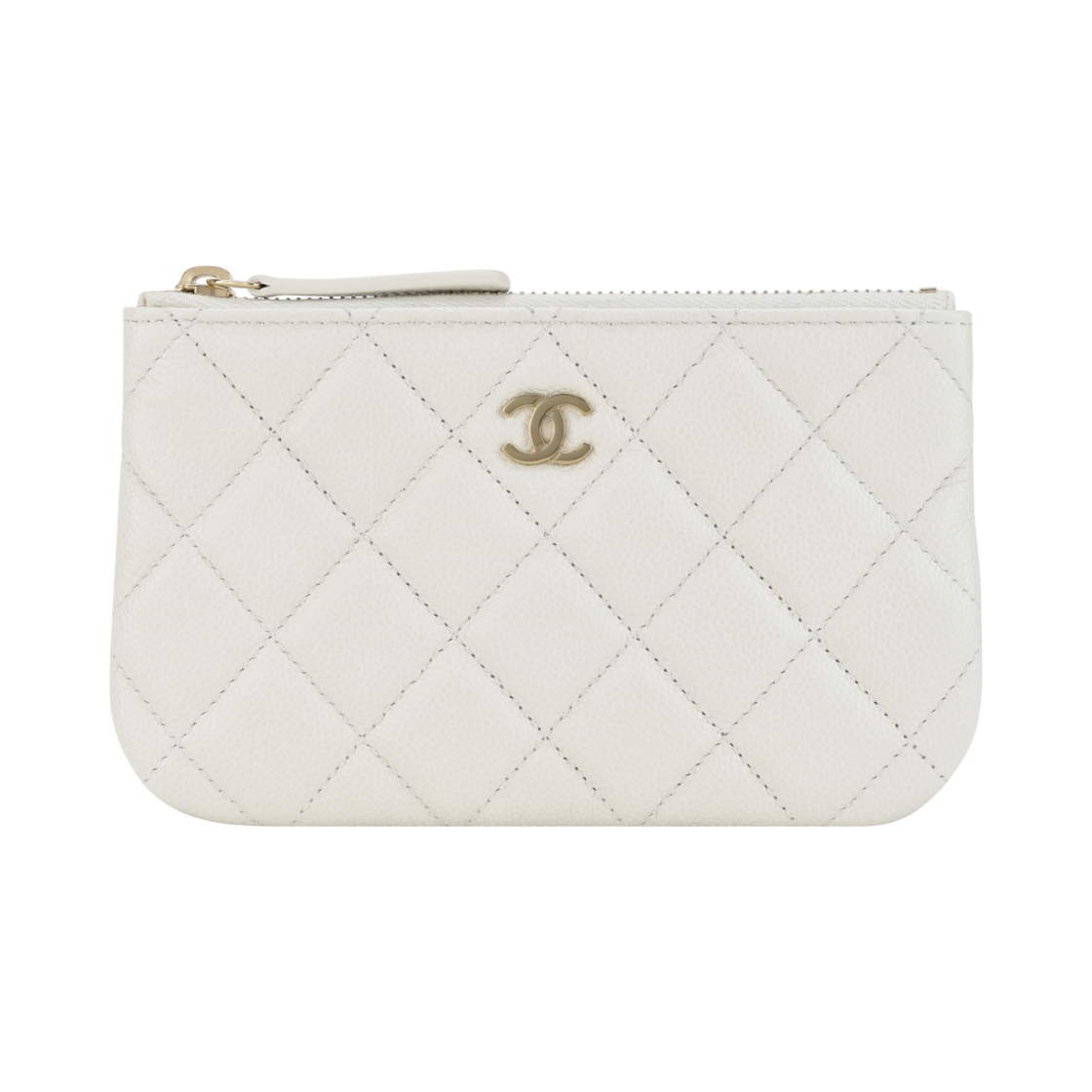 샤넬 클래식 지퍼 케이스 그레인드 샤이니 카프스킨 & 골드 메탈 화이트