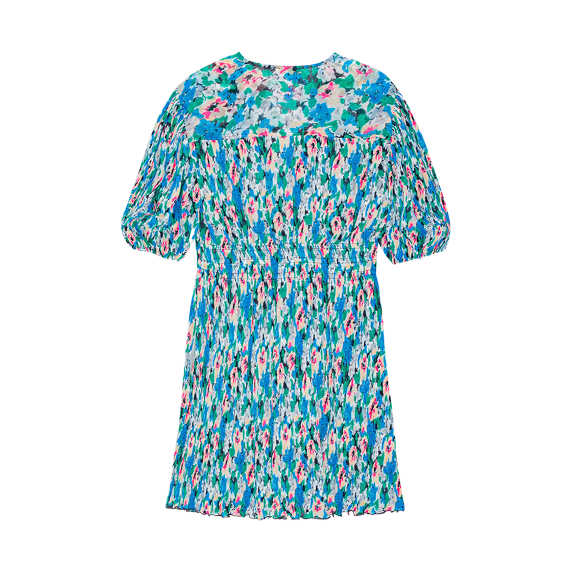 (W) 가니 플리츠 조지테 브이넥 미니 드레스 플로럴 아주르 블루((W) Ganni Pleated Georgette V-Neck Mini Dress Floral Azure Blue) - 2