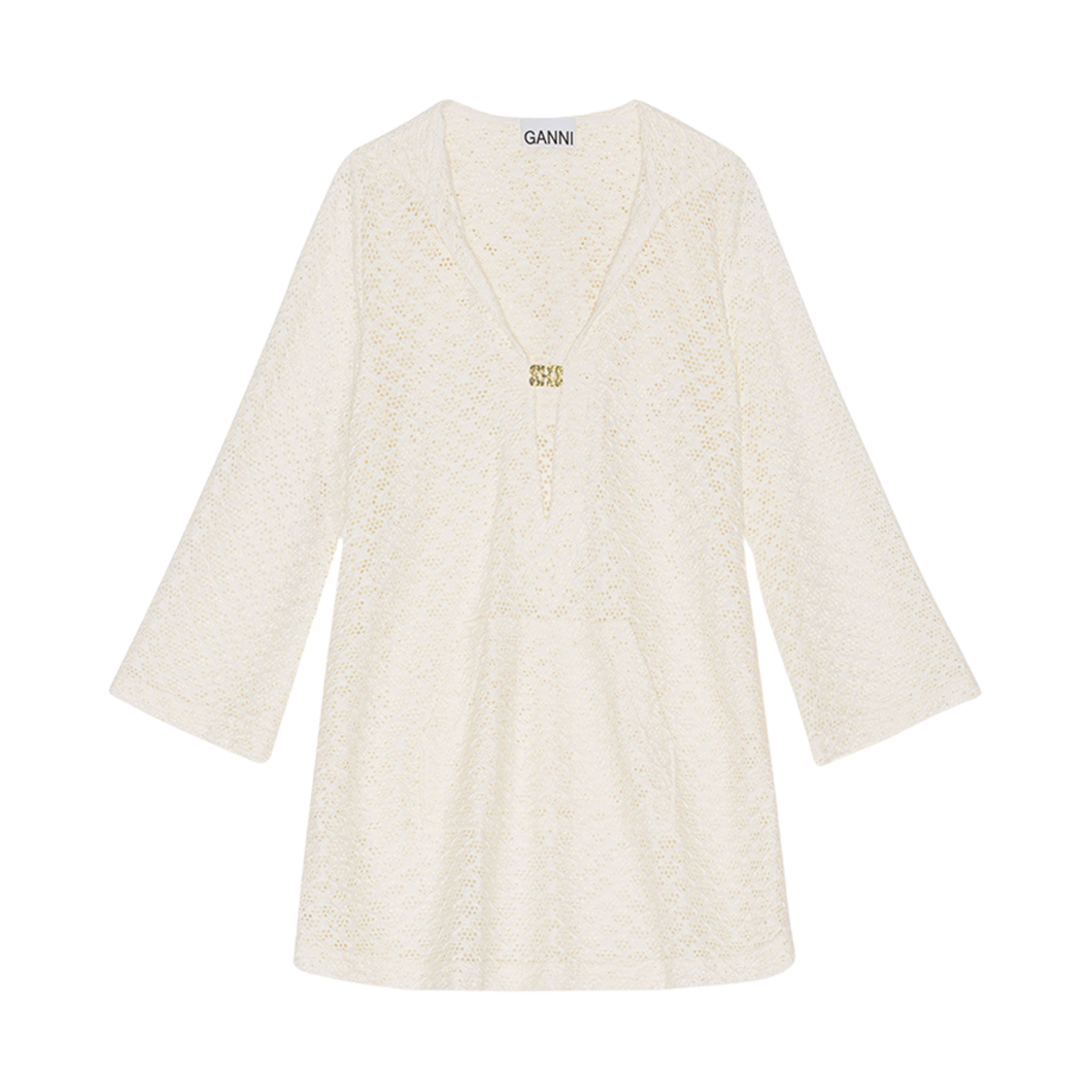 (W) 가니 메쉬 레이스 후드 미니 드레스 에그렛((W) Ganni Mesh Lace Hoodie Mini Dress Egret) - 1