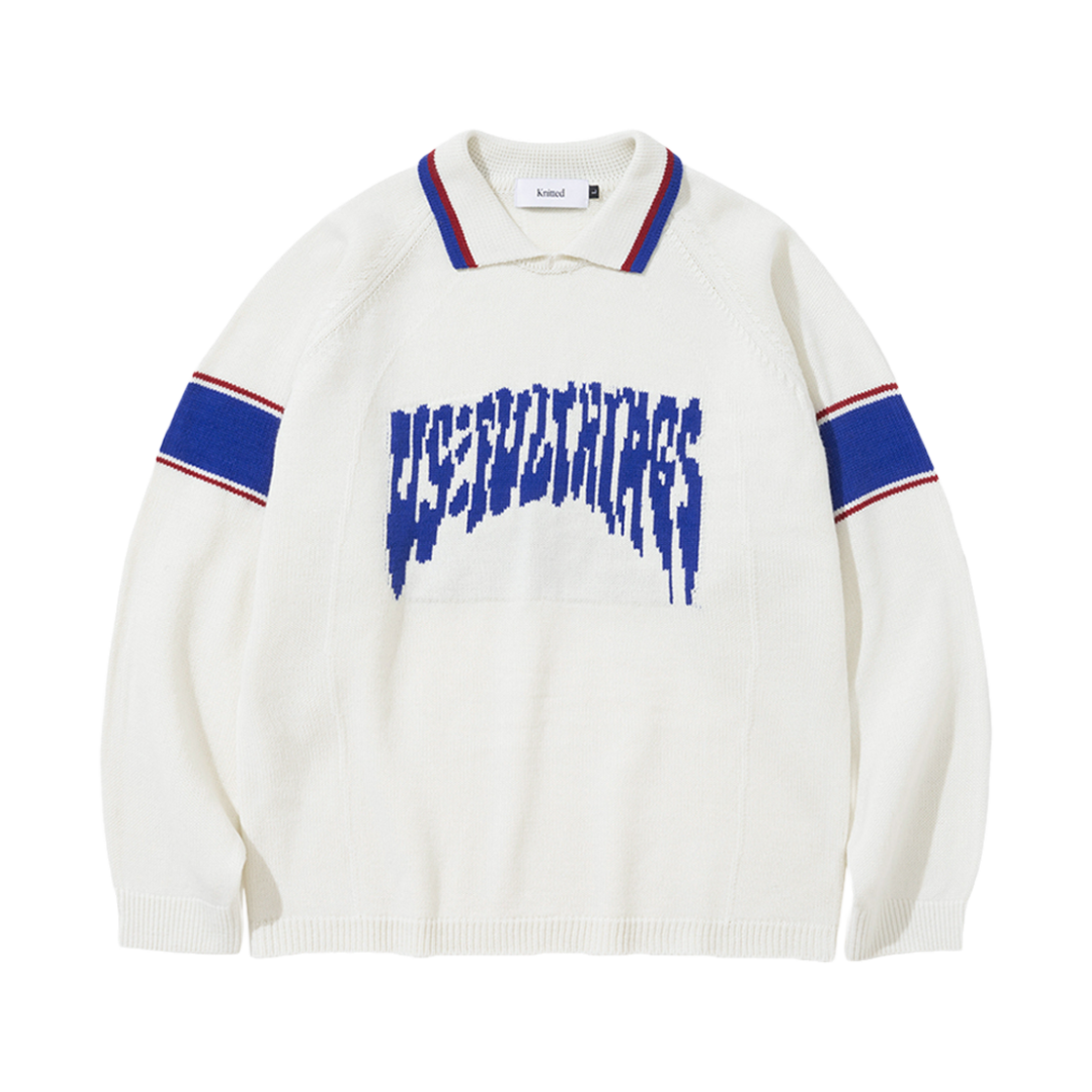 니티드 바시티 자카드 카라 니트 오프 화이트