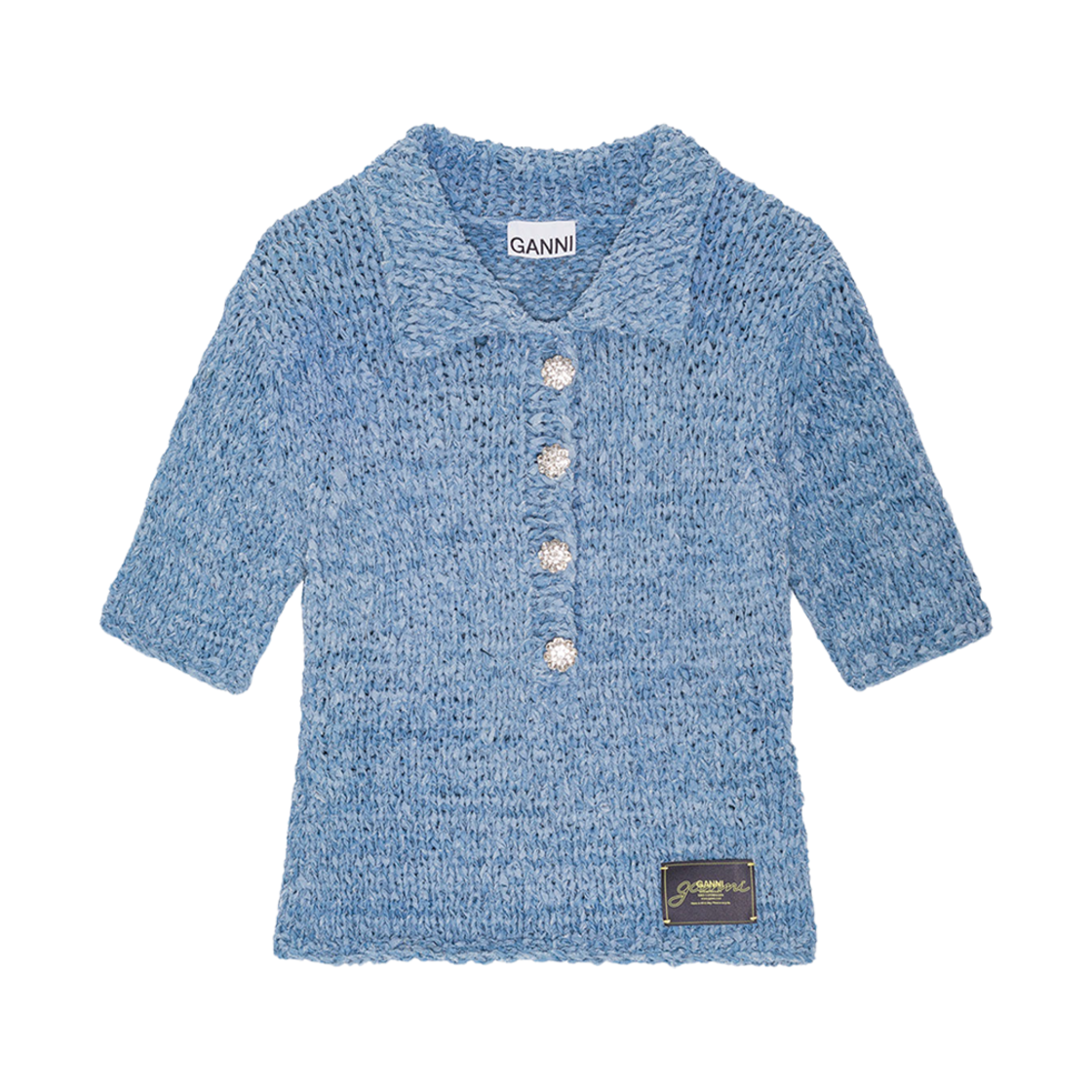 (W) 가니 블루 데님 핸드니트 폴로 라이트 인디고((W) Ganni Blue Denim Handknit Polo Light Indigo) - 1