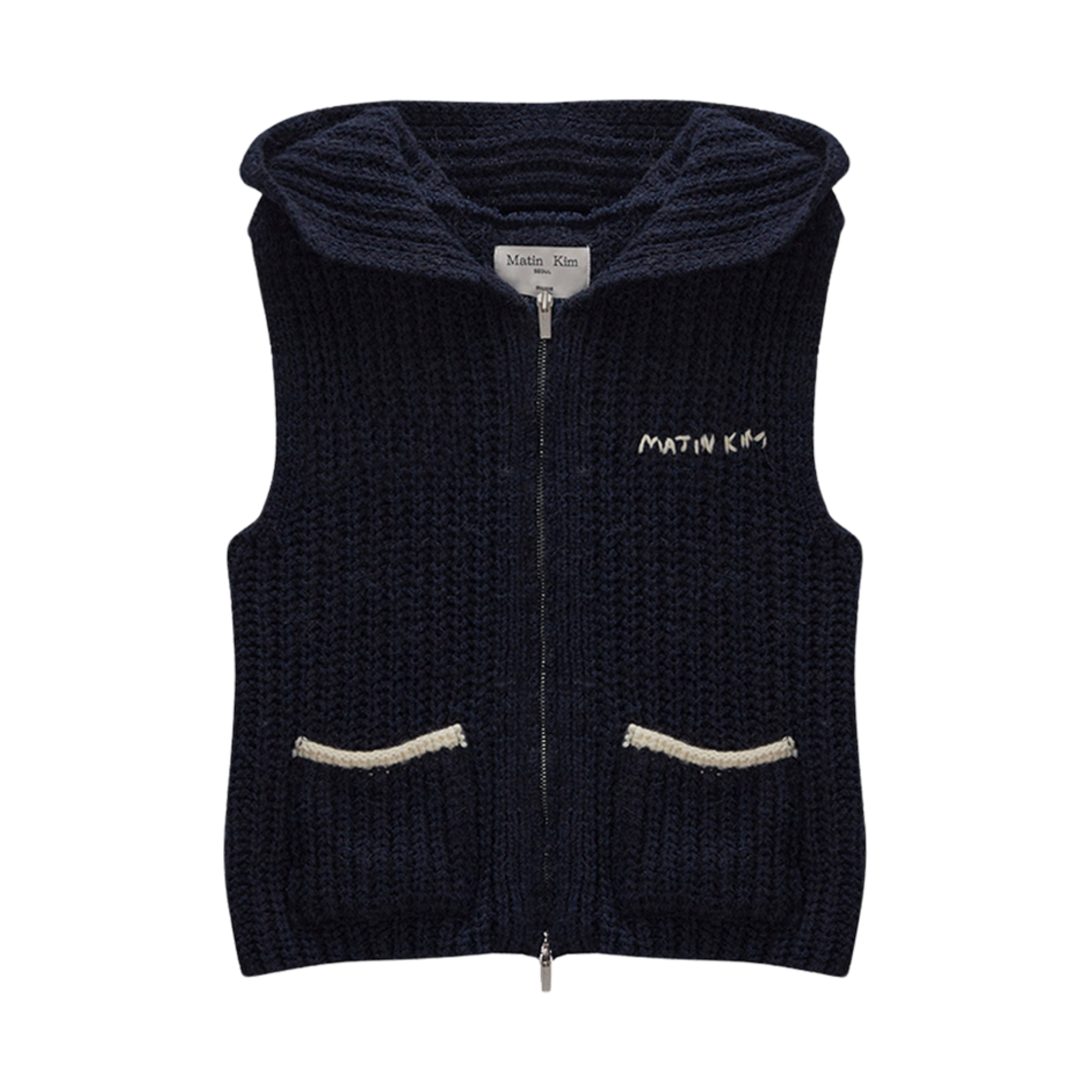 (W) 마뗑킴 포켓 후디 집업 니트 베스트 네이비