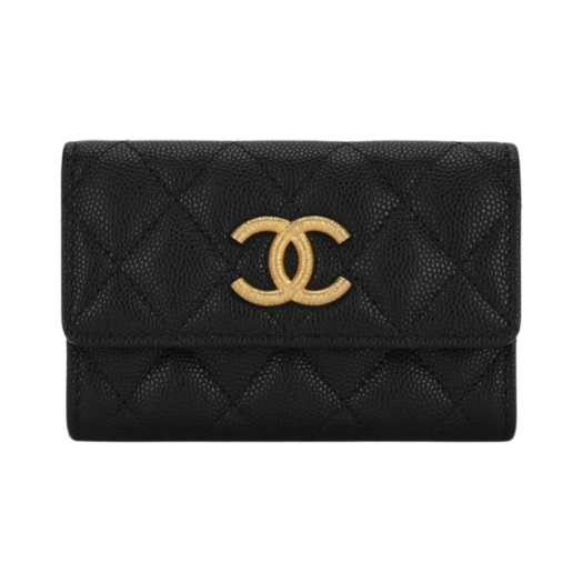 샤넬 플랩 카드 홀더 그레인드 샤이니 카프스킨 & 골드 메탈 블랙