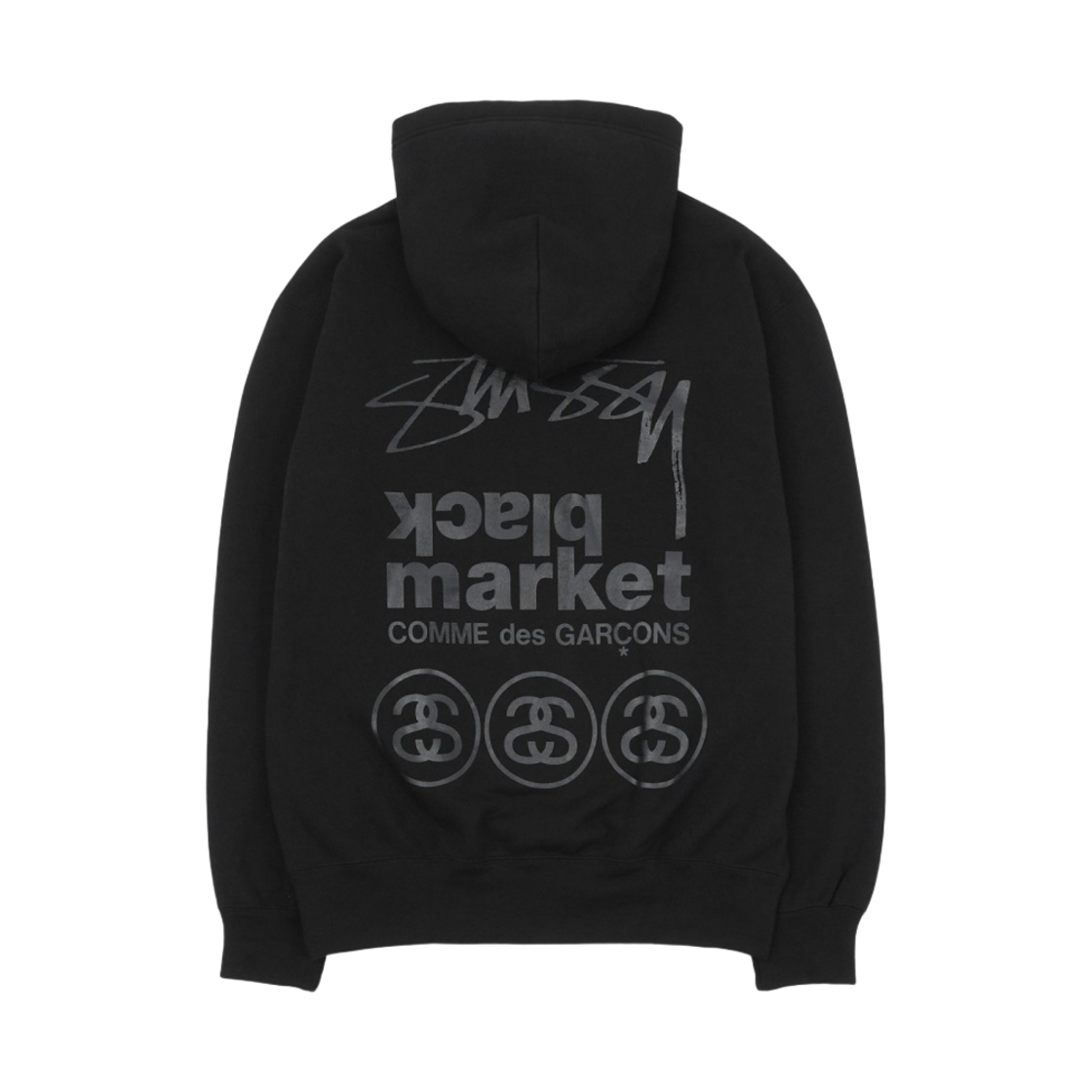 CDG x 스투시 블랙 마켓 후드 스웨트셔츠 블랙(CDG x Stussy Black Market Hooded Sweatshirt Black)