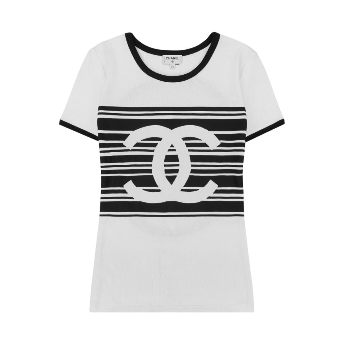 (W) 샤넬 탑 자수 립드 코튼 저지 화이트 블랙((W) Chanel Top Embroidered Ribbed Cotton Jersey White Black)
