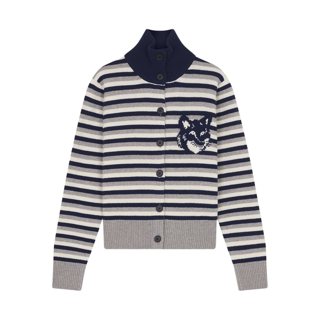 (W) 메종 키츠네 폭스 헤드 인타르시아 스트라이프 하이 넥 가디건 네이비 화이트((W) Maison Kitsune Fox Head Intarsia Striped High Neck Cardigan Navy White) - 1