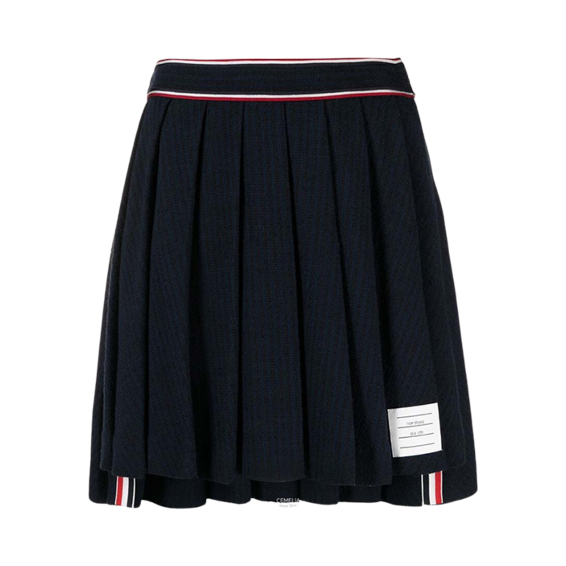 FJK091A-F0302-415 (W) Thom Browne Viscose 4-Bar Pleated Mini Wrap Skirt Navy