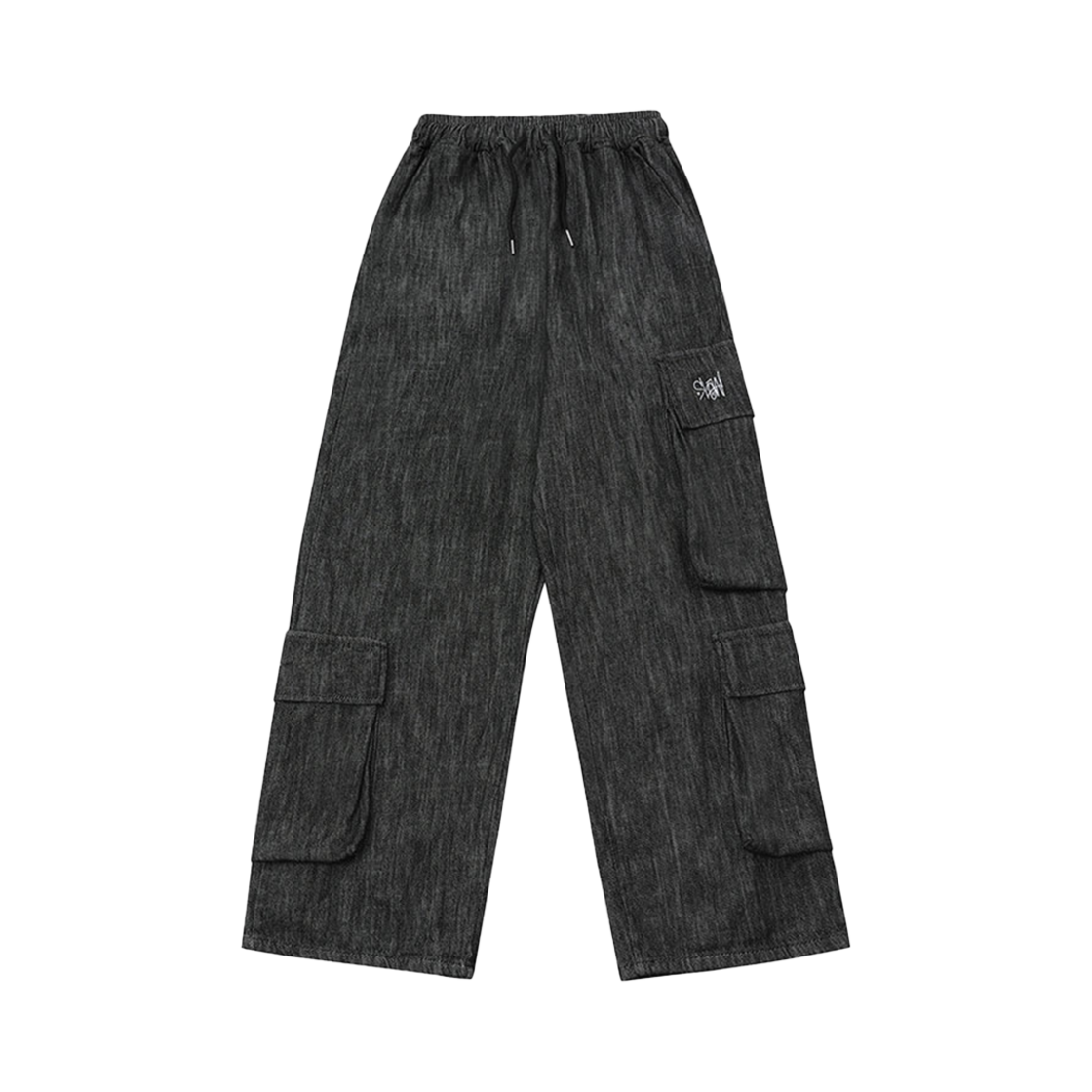 SLO15PT22508BK SLOW RECORD HOUSE Summer Fabric Big Pocket Cargo Denim Pants Black