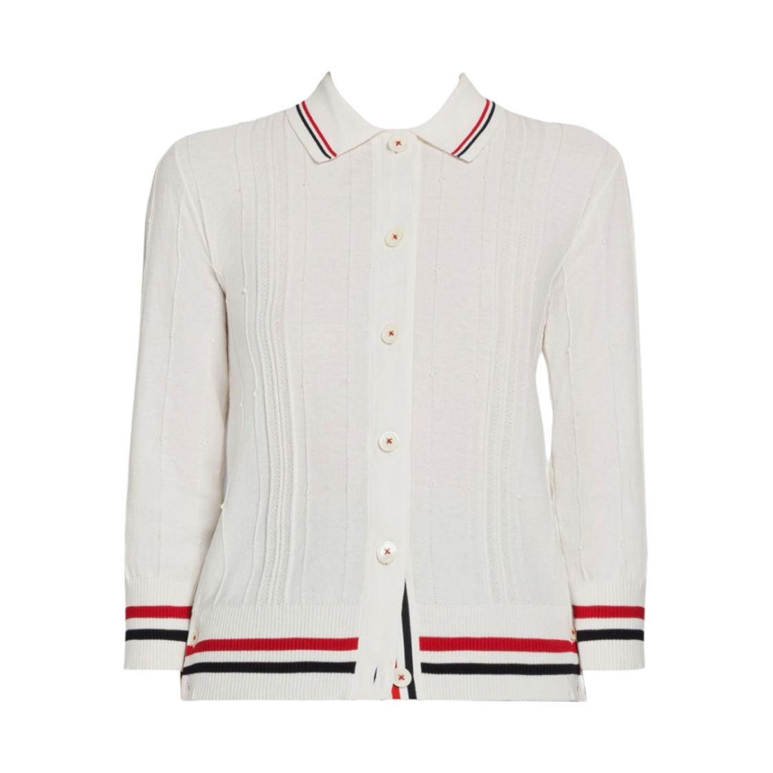 (W) 톰브라운 하이 트위스트 코튼 크리켓 스트라이프 폴로 가디건 화이트((W) Thom Browne High Twist Cotton Cricket Stripe Polo Cardigan White) - 1