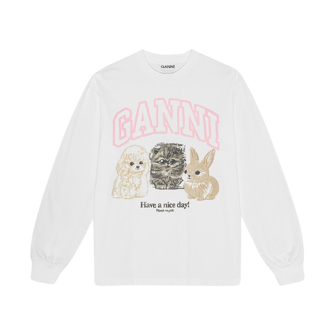(W) 가니 애니멀 프린트 롱슬리브 티셔츠 브라이트 화이트((W) Ganni Animal Print Long Sleeve T-Shirt Bright White)