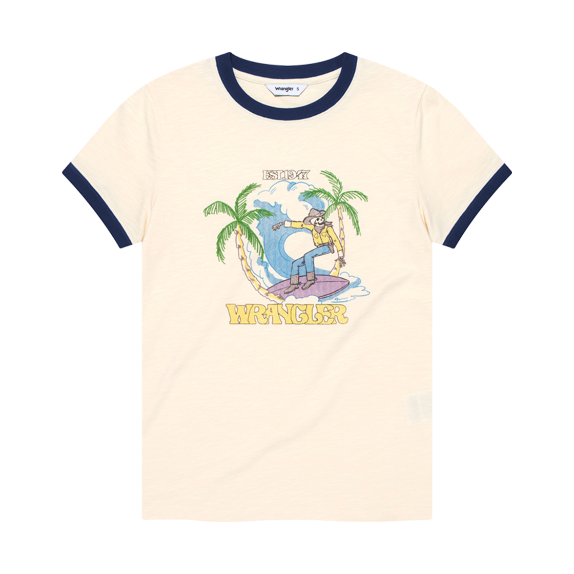 랭글러 (W) 서핑 카우보이 링거 티셔츠 네이비(Wrangler (W) Surfing Cowboy Ringer T-Shirt Navy)