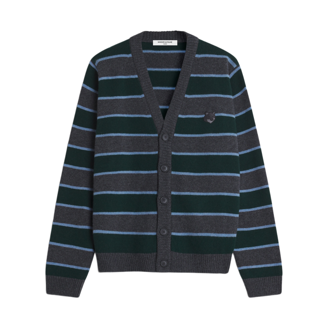 SPBTNM00501KT1114 Maison Kitsune Bold Fox Head Patch Striped Cardigan Bottle Green Grey Blue Charcoal
