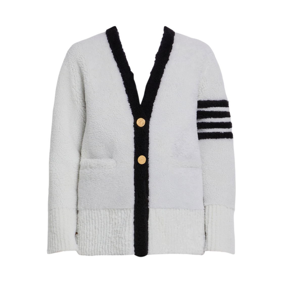 (W) 톰브라운 셔링 콘트라스트 사선 브이넥 가디건 자켓 화이트((W) Thom Browne Shearling Contrast 4-Bar V-Neck Cardigan Jacket White) - 1