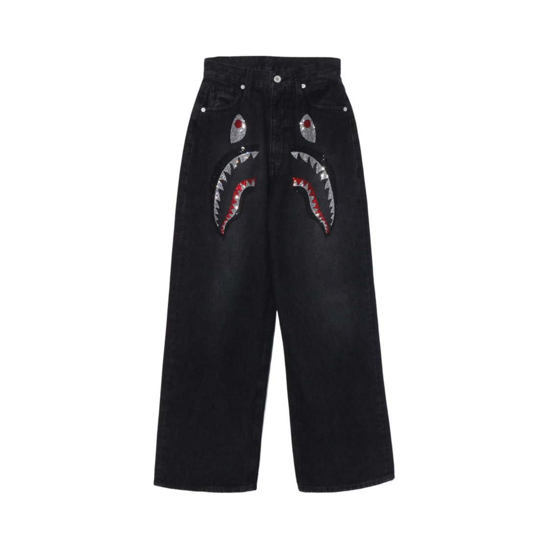 (W) 베이프 크리스탈 스톤 샤크 하이 웨이스트 데님 진 블랙((W) BAPE Crystal Stone Shark High Waist Denim Jeans Black) - 1