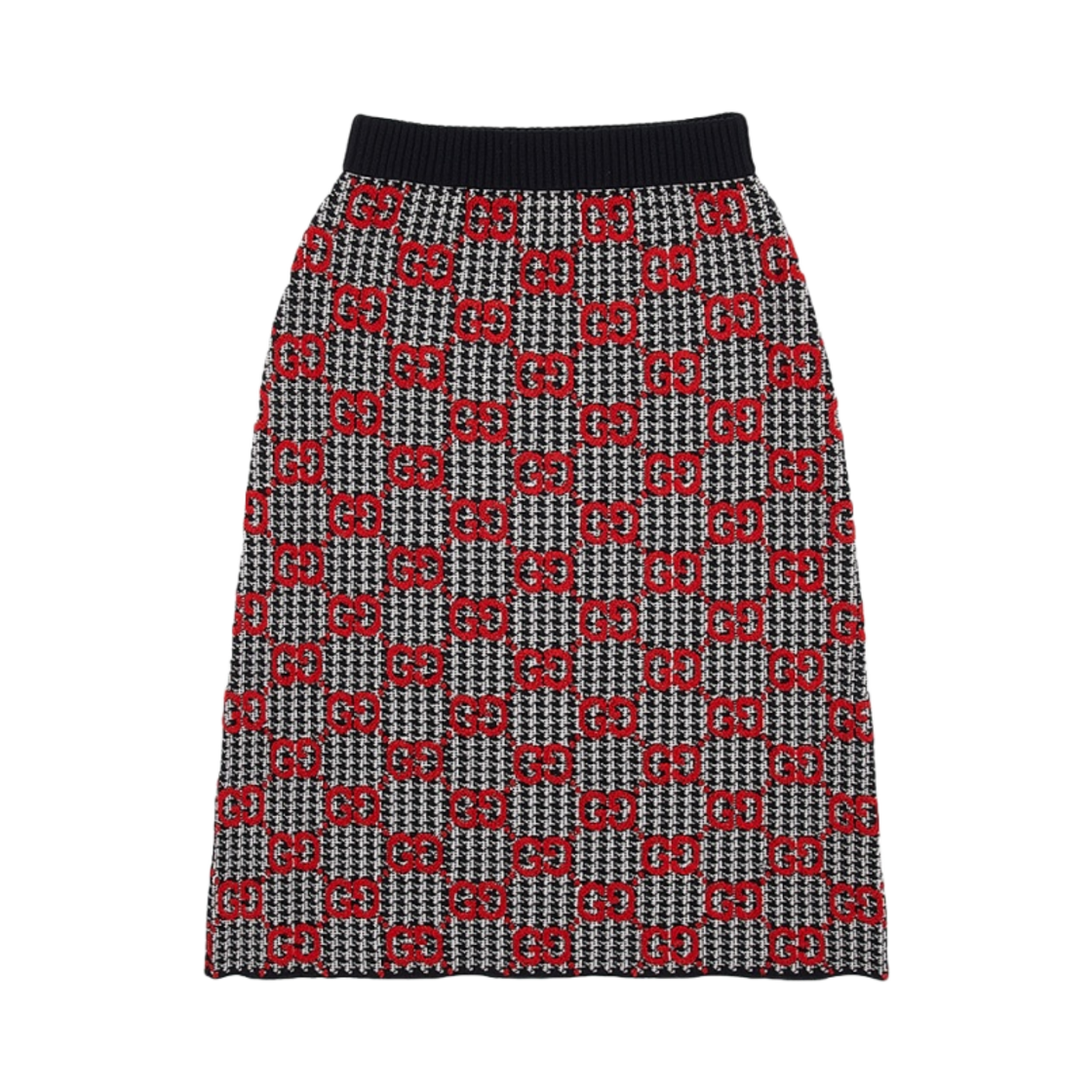 731011-XKCM8-1040 (W) Gucci GG Wool Houndstooth Skirt Black Ivory Red