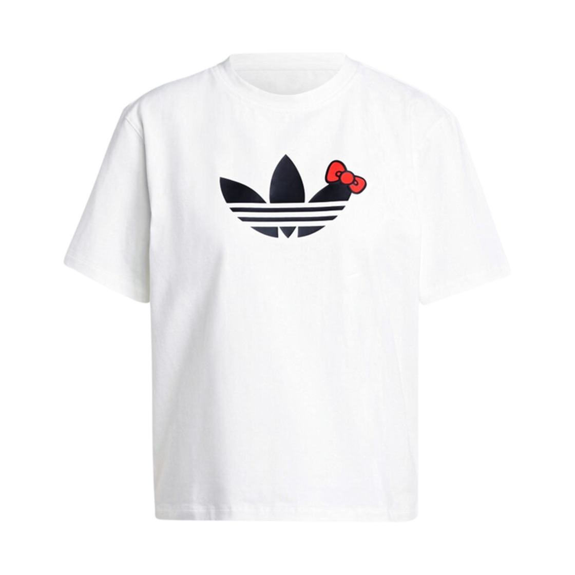 (W) 아디다스 x 헬로 키티 트레포일 박시 티셔츠 화이트 - KR 사이즈((W) Adidas x Hello Kitty Trefoil Boxy T-Shirt White - KR Sizing)
