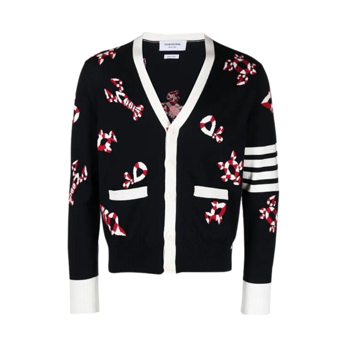 MKC531A-Y3007-415 Thom Browne Gem Icon 4-Bar Relaxed V-Neck Cardigan Blue