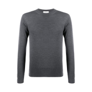 Thom Browne Center Back RWB Intarsia Stripe Classic Crew Neck Pullover in Fine Merino Wool Dark Grey
