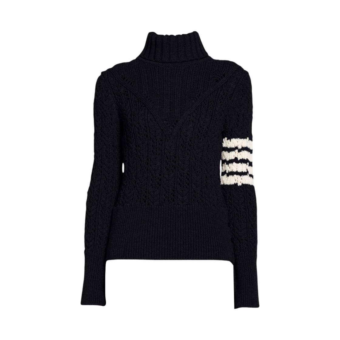 (W) 톰브라운 아이리쉬 포인텔 케이블 메리노 울 사선 터틀넥 네이비((W) Thom Browne Irish Pointelle Cable Merino Wool 4-Bar Turtleneck Navy) - 1