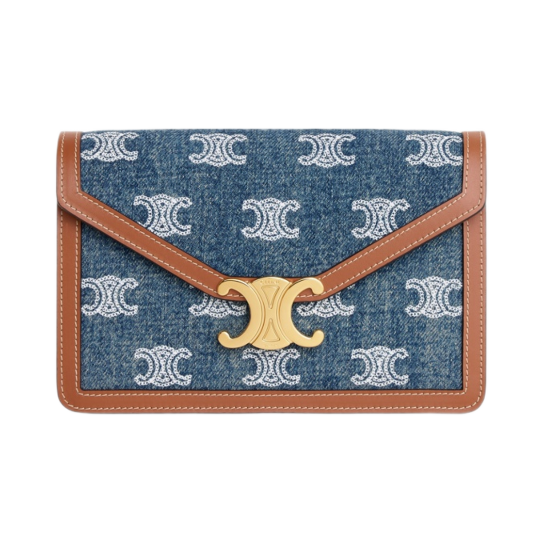 셀린느 월렛 온 체인 트리옹프 데님 트리옹프 올오버 자수 카프스킨 네이비 탄(Celine Wallet On Chain Triomphe in Denim with Triomphe All-Over Embroidery Calfskin Navy Tan) - 1