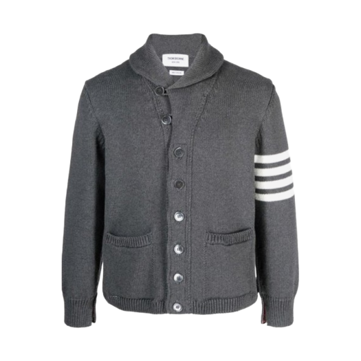 Thom Browne Jersey Stitched Cotton 4-Bar Shawl Collar Cardigan Medium Grey