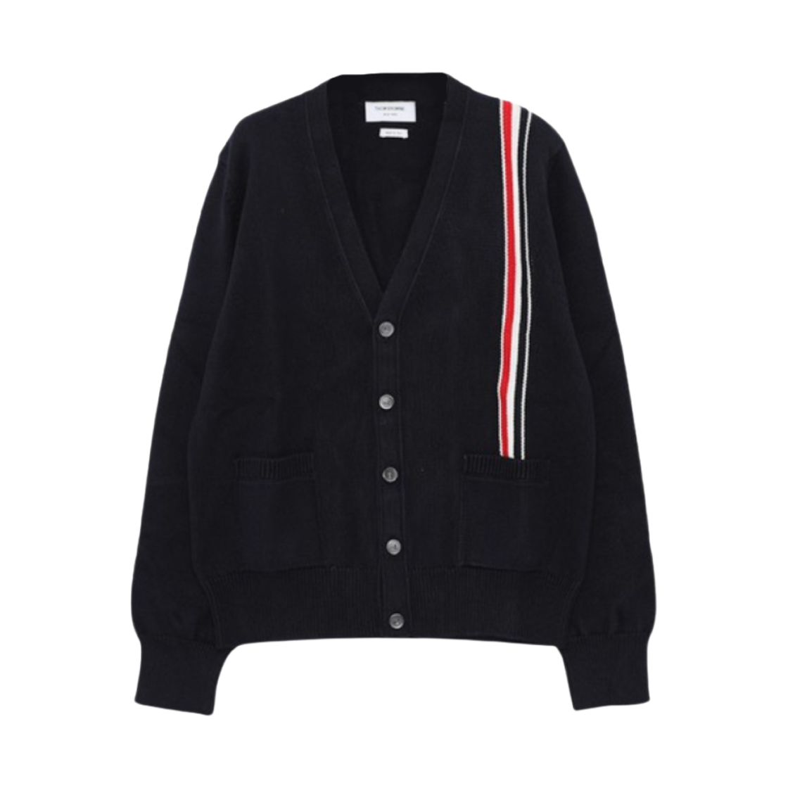 MKC530A-Y3017-415 Thom Browne RWB Stripe Intarsia Cotton Cardigan Navy