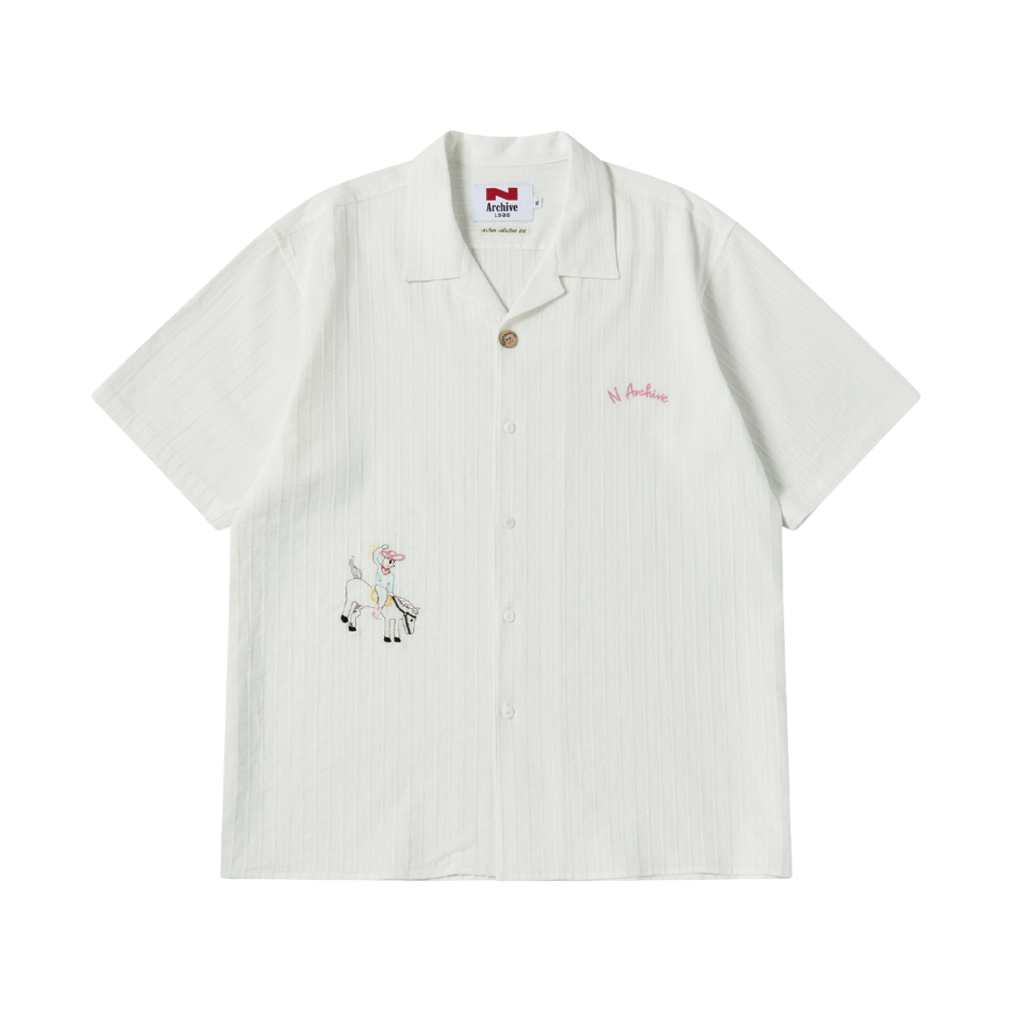 엔 아카이브 핸드 메이드 디테일 오픈 카라 반팔 셔츠 화이트