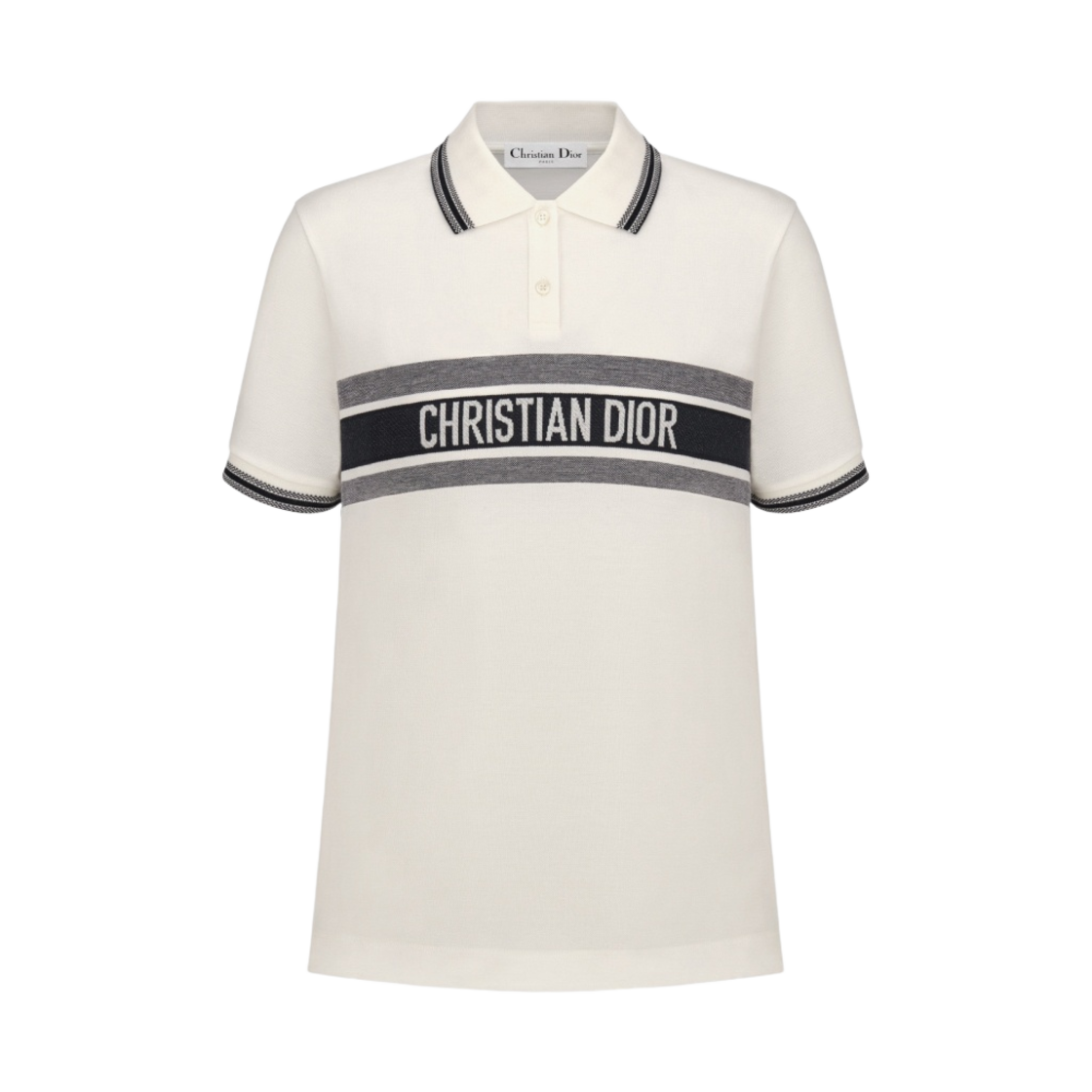 (W) 디올 코튼 저지 폴로 셔츠 화이트 네이비 블루((W) Dior Cotton Jersey Polo Shirt White Navy Blue)