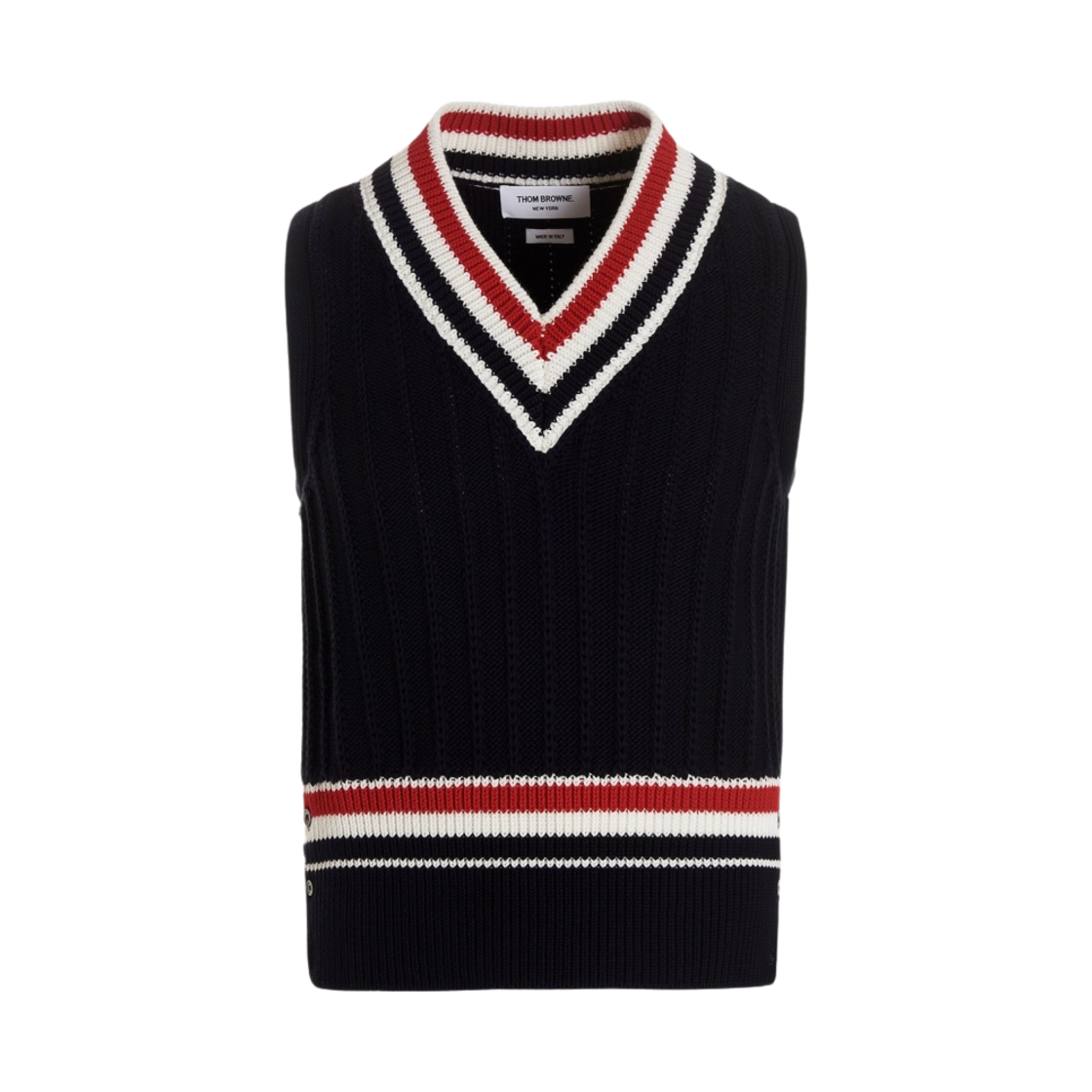 톰브라운 RWB 케이블 브이넥 베스트 네이비(Thom Browne RWB Cable V-Neck Vest Navy) - 1